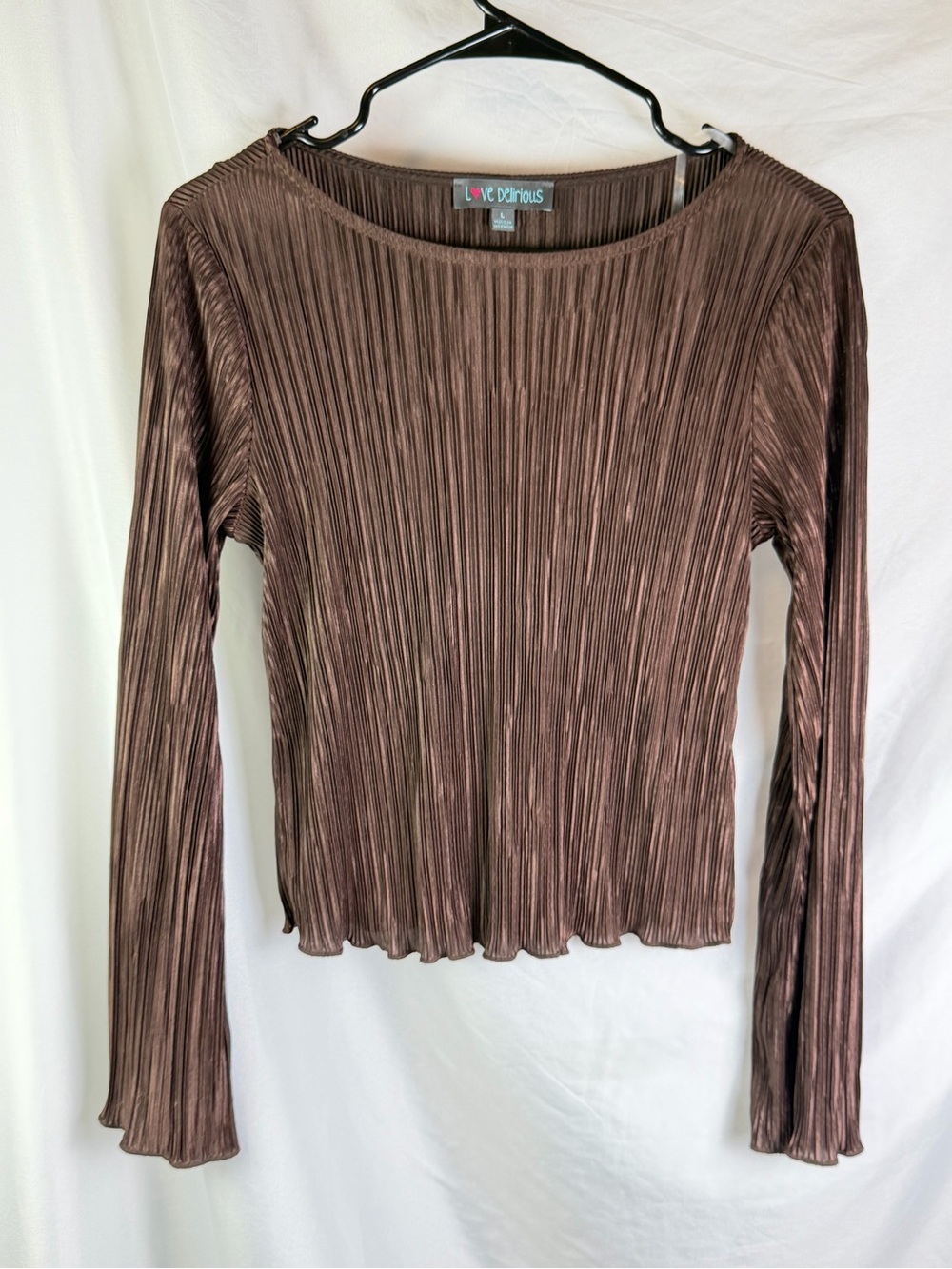 Love Delirious Brown Metallic Plissé Long Sleeve Top L Y2K Stretch Shimmer - Picture 2 of 5